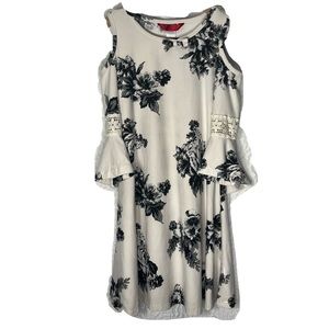 Girls Bohemian Black & White Flower Open Shoulder Bell Sleeve Midi Dress